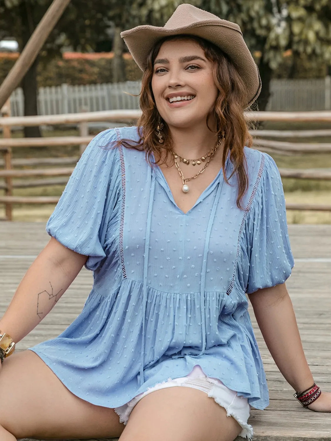 Plus Size Swiss Dot Tie Neck Short Sleeve Blouse - Premium Plus Size Shirts from Trendsi - Just $29.98! Shop now at Handbags Specialist Headquarter