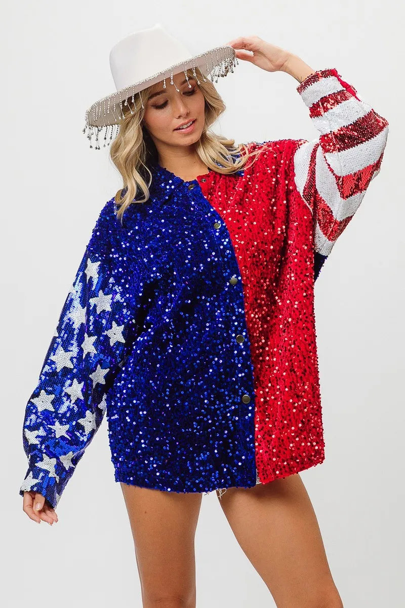 BiBi American Flag Sequin Snap Down Shirt - Premium Women / Jeans & Denim from Trendsi - Just $64.30! Shop now at Handbags Specialist Headquarter