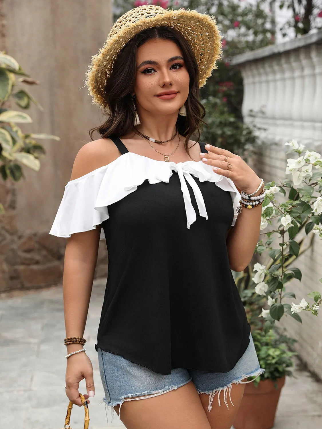 Plus Size Ruffled Contrast Short Sleeve Blouse - Premium Plus Size Shirts from Trendsi - Just $22.50! Shop now at Handbags Specialist Headquarter