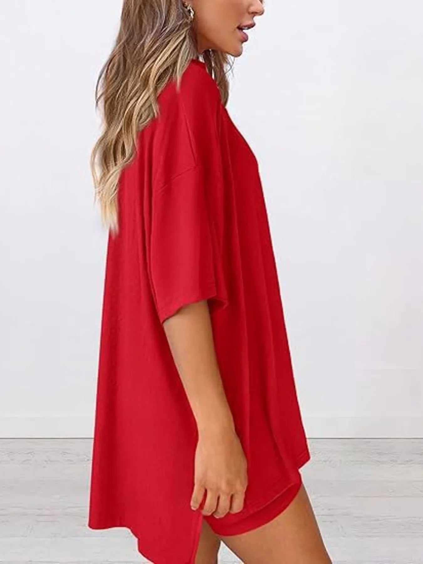 Full Size Oversized Slit Round Neck Top and Shorts Lounge Set Plus Size - Premium Sleepwear from Trendsi - Just $28.99! Shop now at Handbags Specialist Headquarter