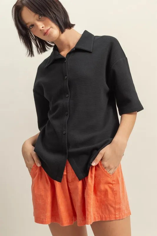 HYFVE Collared Neck Button Down Waffle Shirt - Premium Women's Down Shirt Tops from Trendsi - Just $35.56! Shop now at Handbags Specialist Headquarter