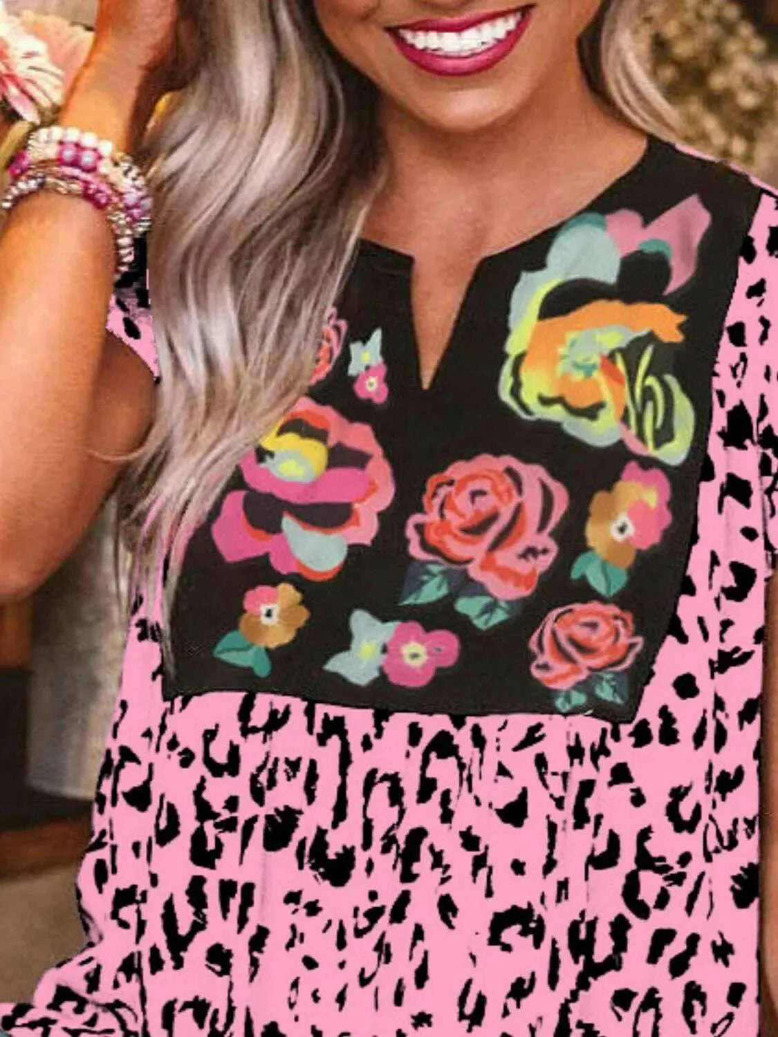 Full Size Leopard Floral Notched Cap Sleeve Blouse Plus Size.