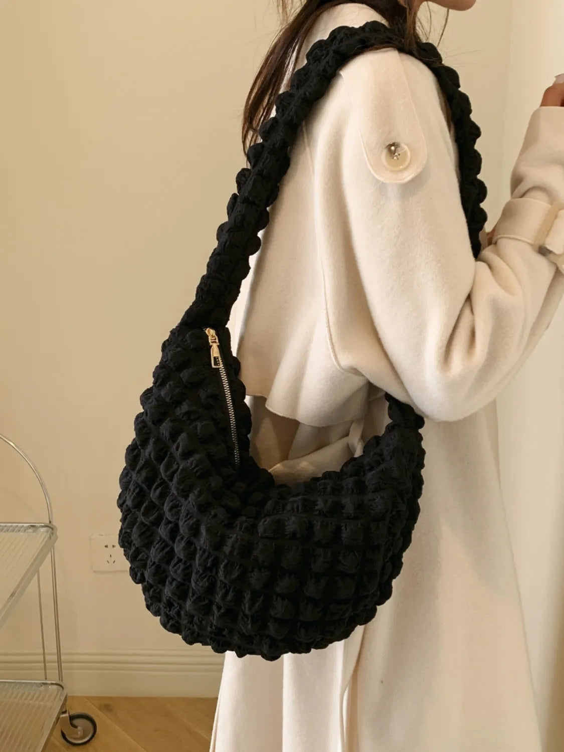 Drawstring Strap Bubble Textured Shoulder Bag.
