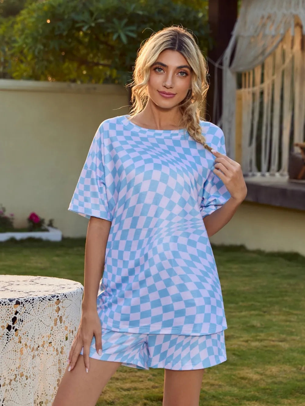 Plaid Round Neck Top and Shorts Lounge Set - Premium sleepwear from Trendsi - Just $30.99! Shop now at Handbags Specialist Headquarter