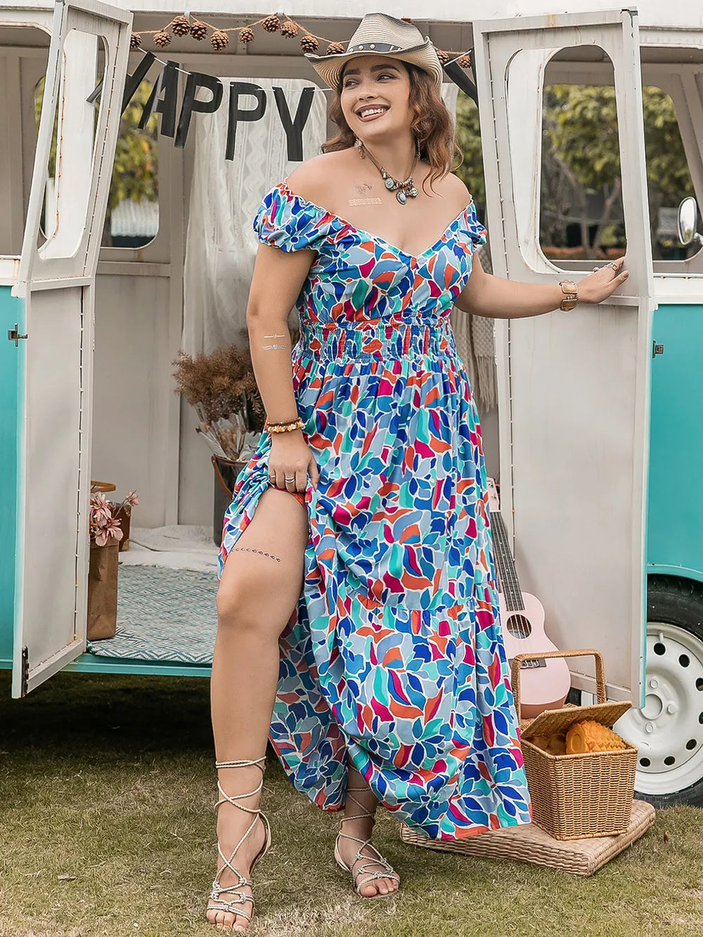 Plus Size Printed Cap Sleeve Dress - Premium Dresses from Trendsi - Just $42.99! Shop now at Handbags Specialist Headquarter