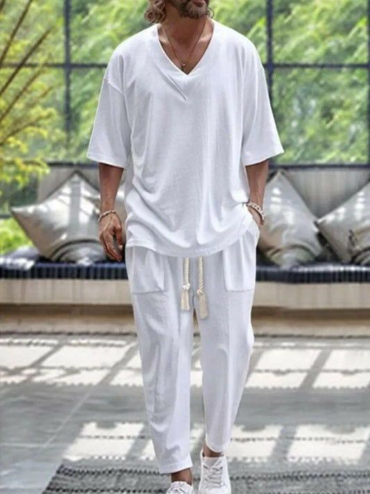 Men's Plus Size V-Neck Half Sleeve Top and Pants Set.