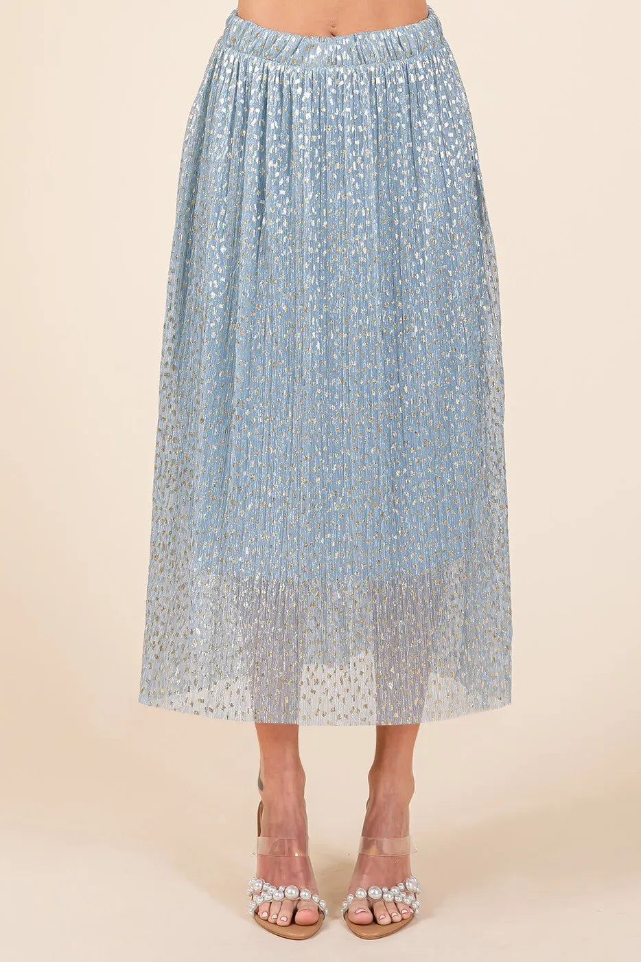 Mittoshop Metallic Glitter Speckle Print Elastic Midi Skirt - Premium Skirts from Trendsi - Just $60.99! Shop now at Handbags Specialist Headquarter