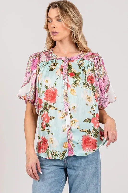 SAGE+FIG Plus Size Floral Mineral Wash French Terry Button Up Shirt.