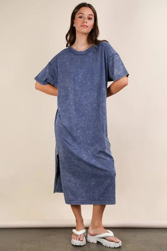 VERY J Plus Size Mineral Washed Casual Comfy Midi Dress.