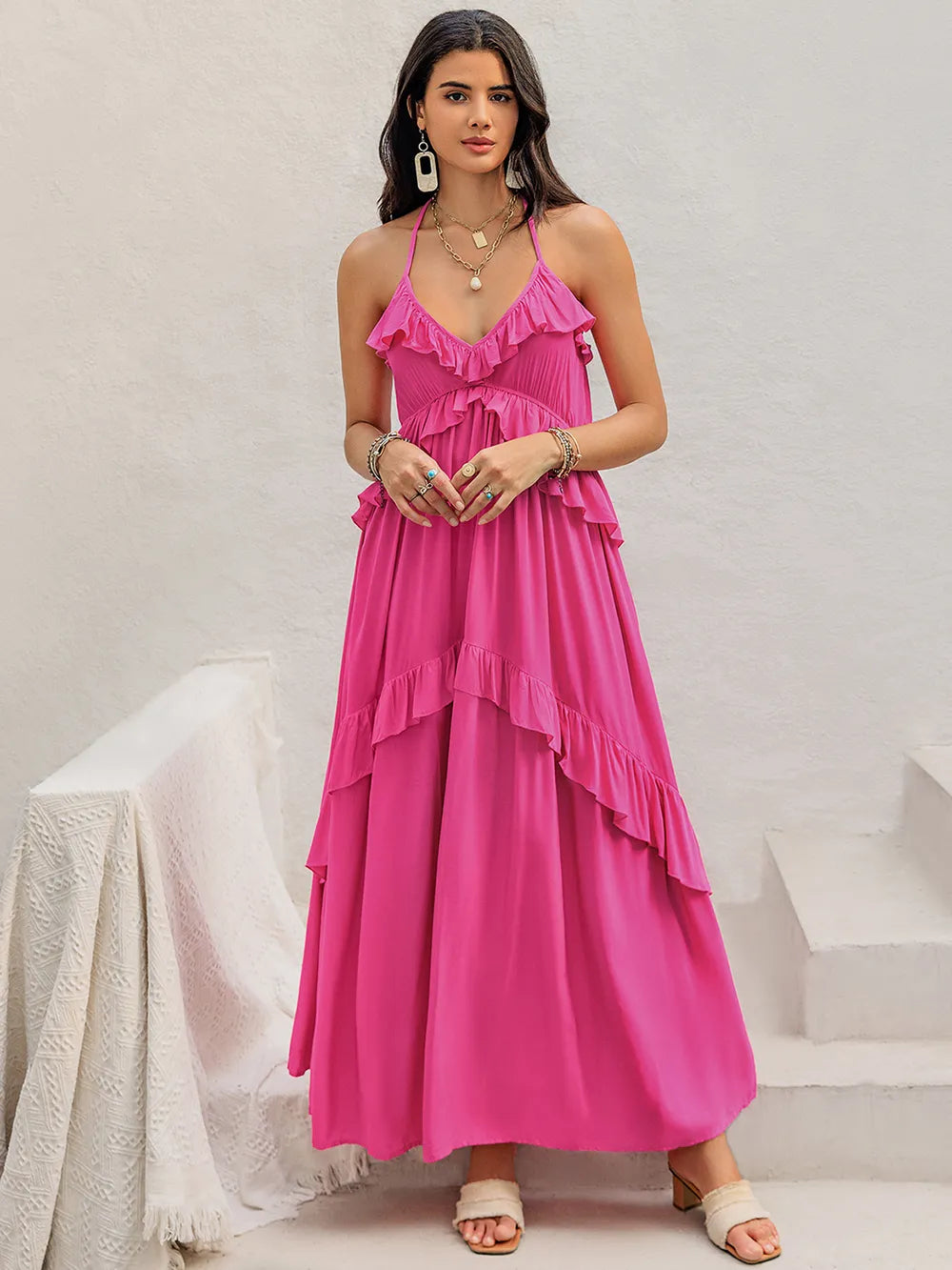 Ruffled Halter Neck Maxi Dress - Premium Maxi Dress from Trendsi - Just $38.99! Shop now at Handbags Specialist Headquarter