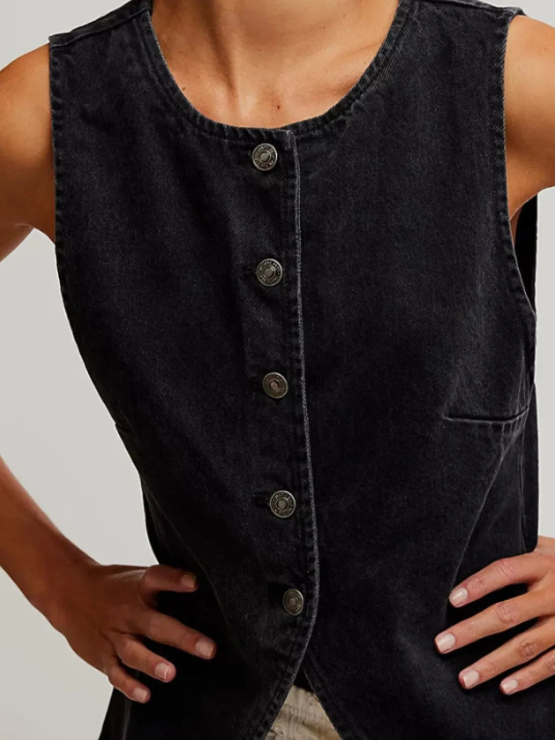 Button Down Round Neck Denim Vest - Premium Women / Jeans & Denim from Trendsi - Just $33.80! Shop now at Handbags Specialist Headquarter