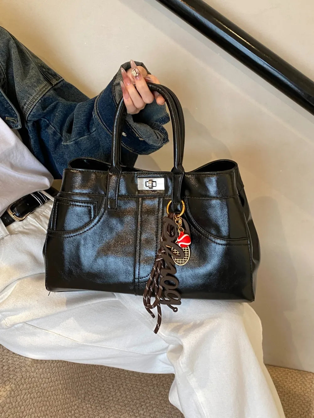 PU Leather Handbag with Pendant - Premium Tote Bag from Trendsi - Just $40.99! Shop now at Handbags Specialist Headquarter