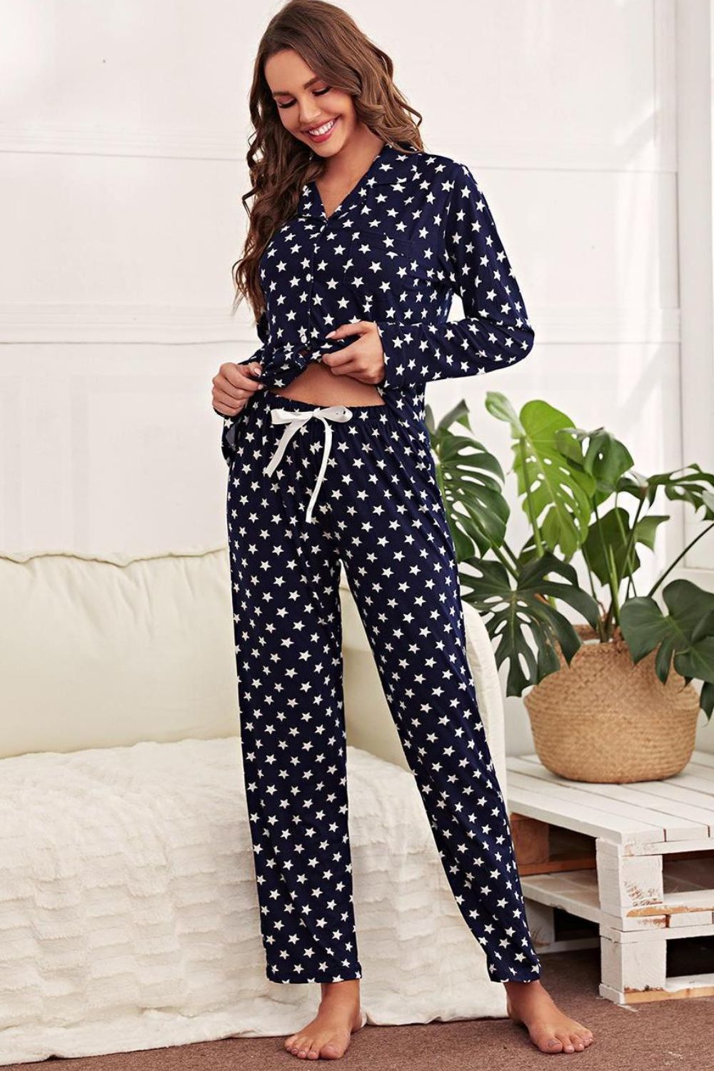 Star Print Button-Up Shirt and Pants Lounge Set - Premium Sleepwear from Trendsi - Just $37! Shop now at Handbags Specialist Headquarter