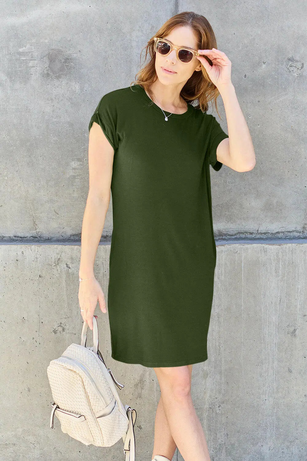 Basic Bae Full Size Round Neck Short Sleeve Dress with Pockets - Premium Dresses from Trendsi - Just $26! Shop now at Handbags Specialist Headquarter