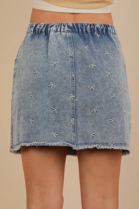 VERY J Bow Printed Casual Denim Mini Skirt - Premium Women / Jeans & Denim from Trendsi - Just $38.88! Shop now at Handbags Specialist Headquarter
