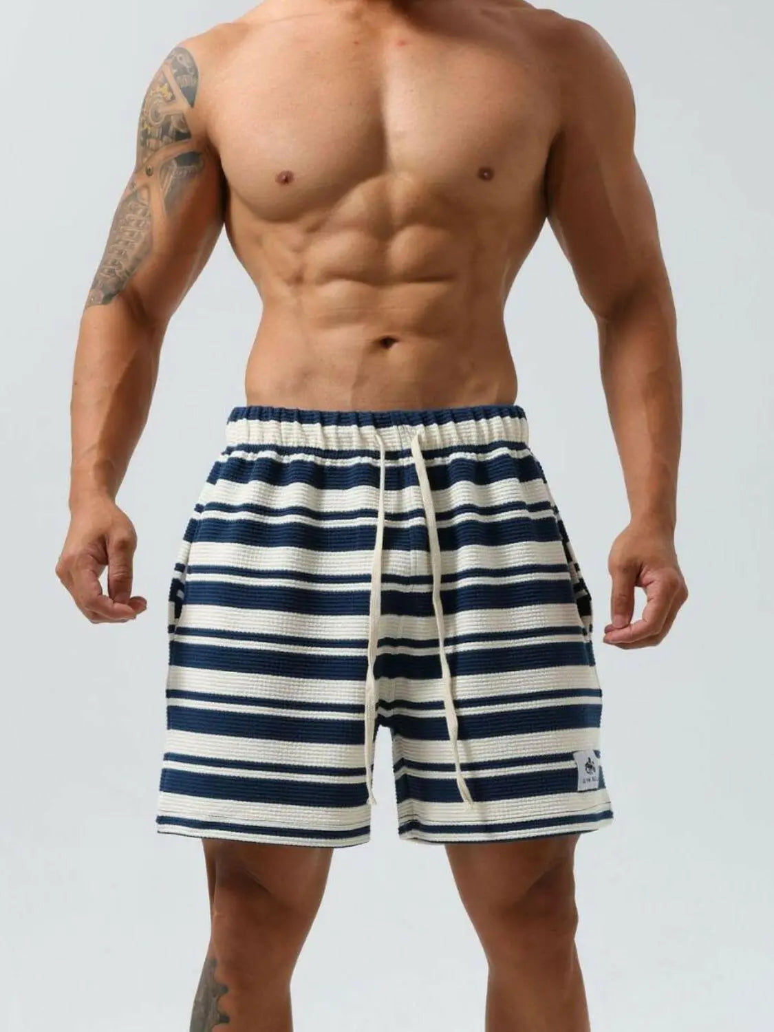 Men's Plus Size Drawstring Striped Shorts.