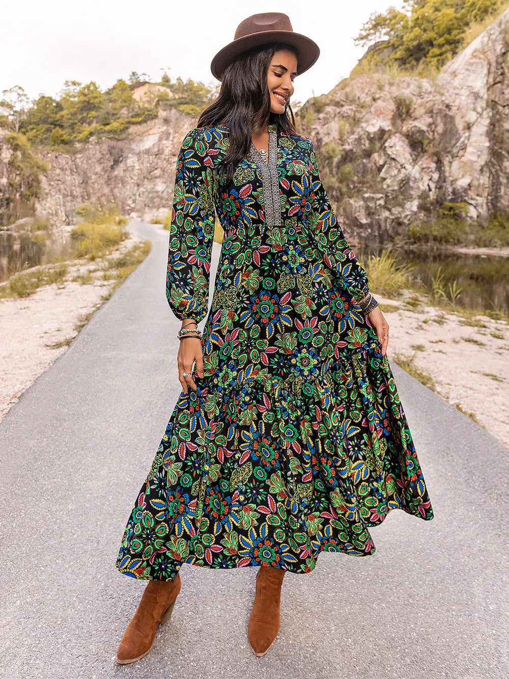 Printed Notched Neck Maxi Dress - Premium Maxi Dress from Trendsi - Just $49.99! Shop now at Handbags Specialist Headquarter