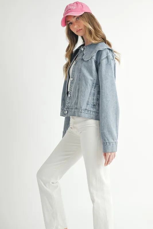 MABLE Scallop Peter Pan Collar Denim Jacket - Premium Women / Jeans & Denim from Trendsi - Just $64.90! Shop now at Handbags Specialist Headquarter