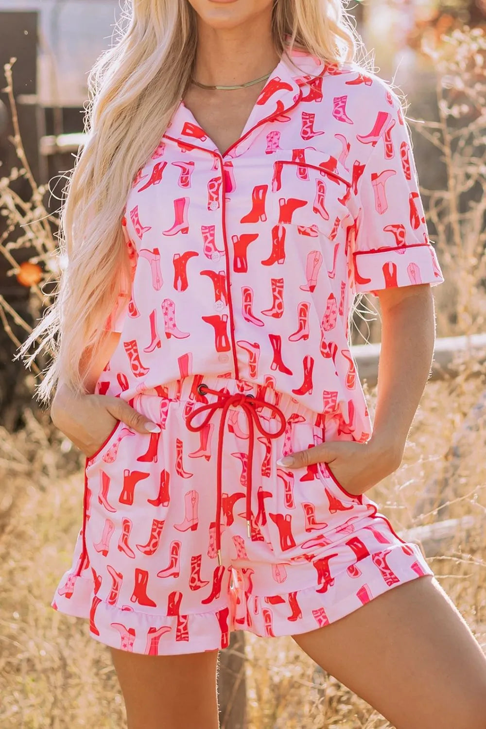 Cowgirl Boots Printed Shirt and Shorts Set - Premium Sleepwear from Trendsi - Just $60.99! Shop now at Handbags Specialist Headquarter