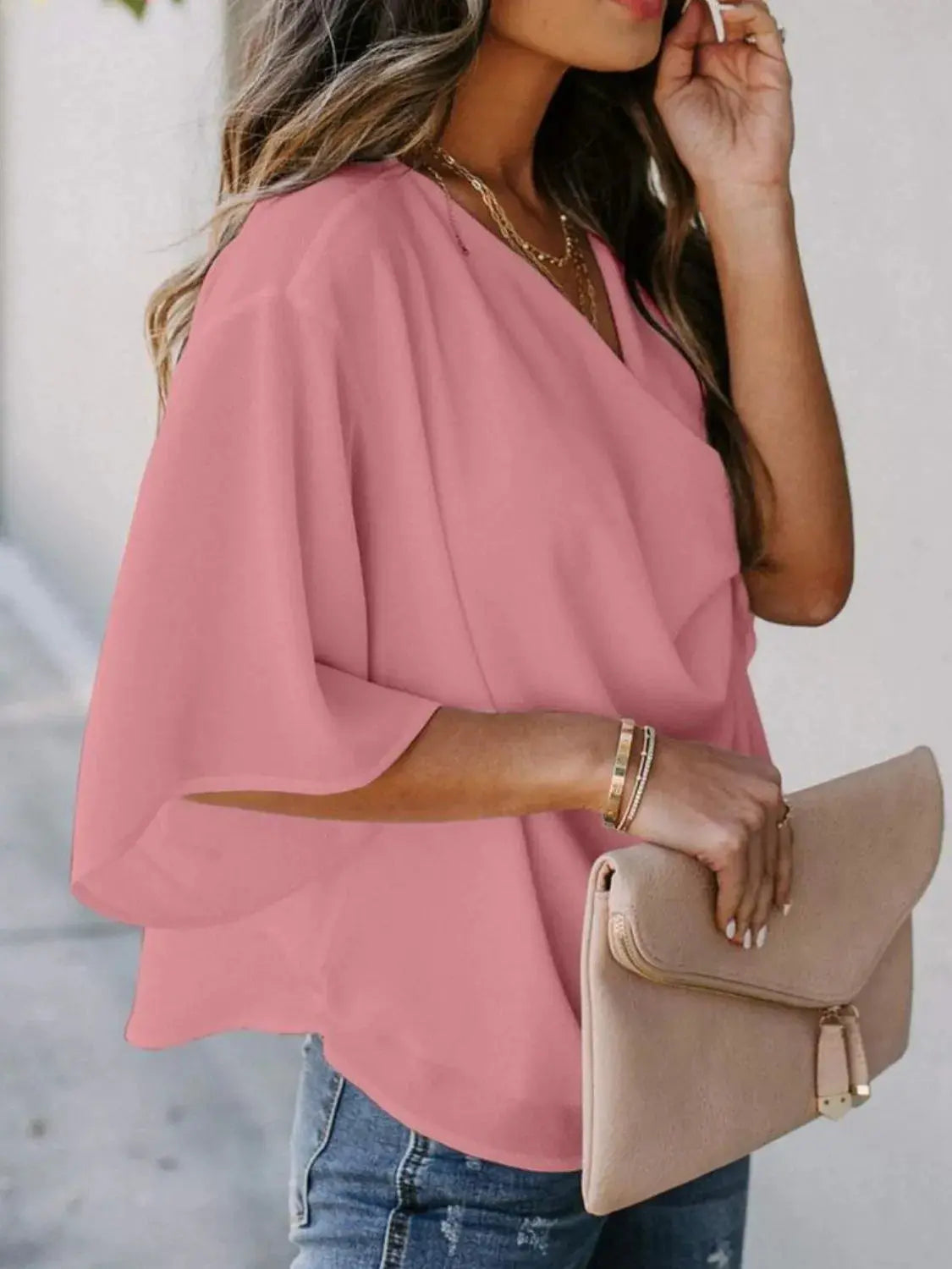 Full Size Ruched Three-Quarter Sleeve Blouse Plus Size.