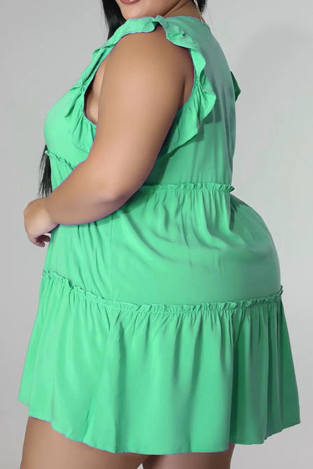 Plus Size V-Neck Frill Trim Mini Dress - Premium Dresses from Trendsi - Just $36.99! Shop now at Handbags Specialist Headquarter
