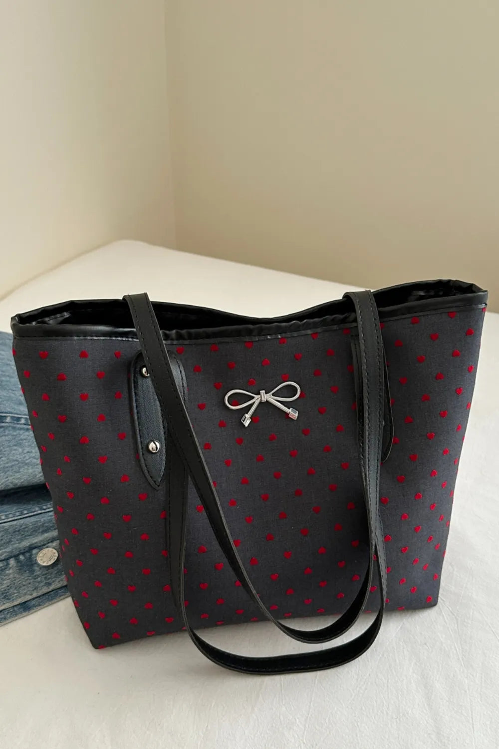 Bow Trim Polyester Tote Bag - Premium Tote Bag from Trendsi - Just $39.99! Shop now at Handbags Specialist Headquarter
