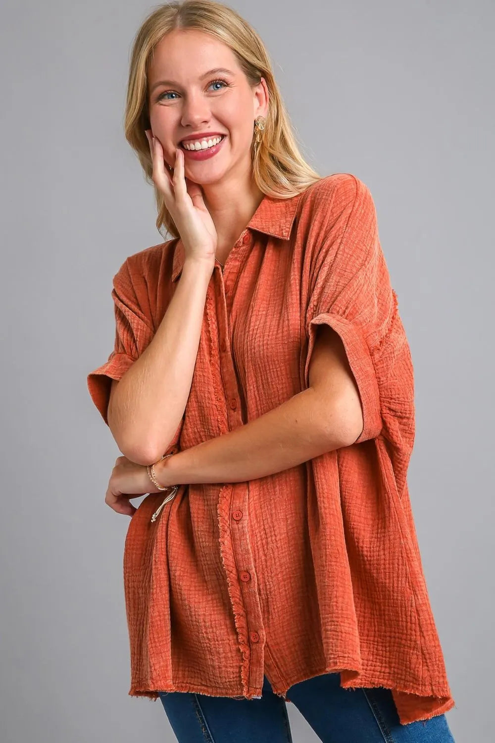 Umgee Full Size Cotton Gauze Mineral Wash Button Down Shirt Plus Size - Premium Dresses from Trendsi - Just $55.99! Shop now at Handbags Specialist Headquarter