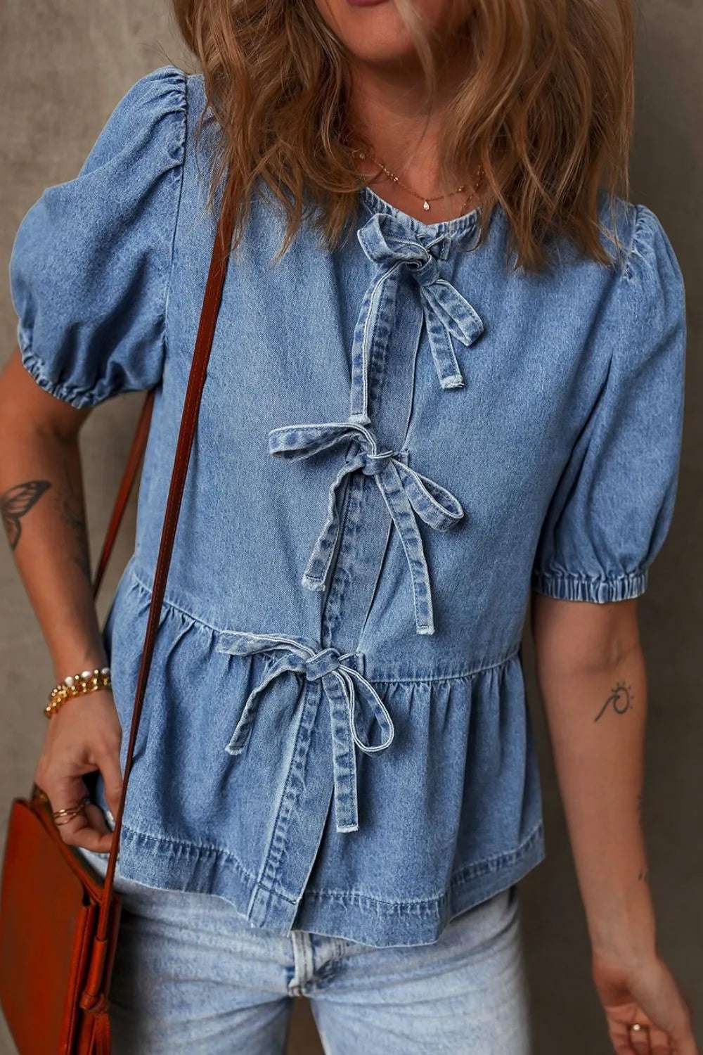 Tied Front Puff Sleeve Peplum Denim Shirt - Premium Women / Jeans & Denim from Trendsi - Just $41.86! Shop now at Handbags Specialist Headquarter