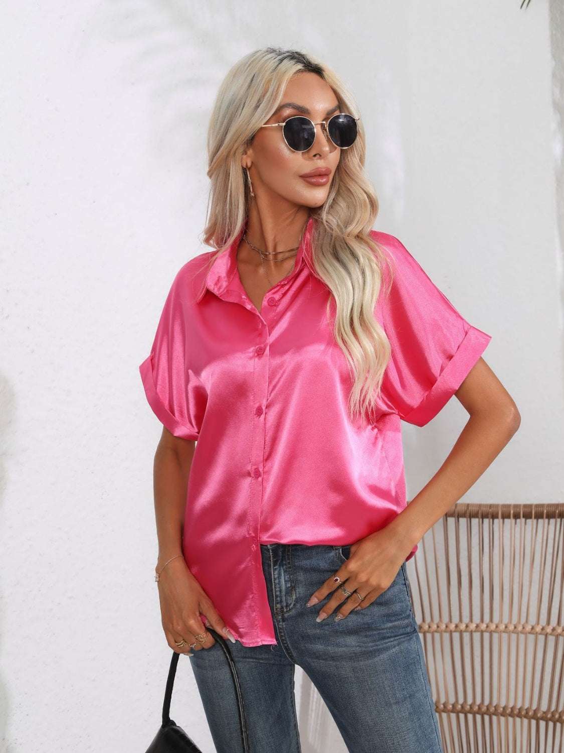 Button Down Collared Neck Short Sleeve Satin Shirt - Premium Women / Tops from Trendsi - Just $18.76! Shop now at Handbags Specialist Headquarter