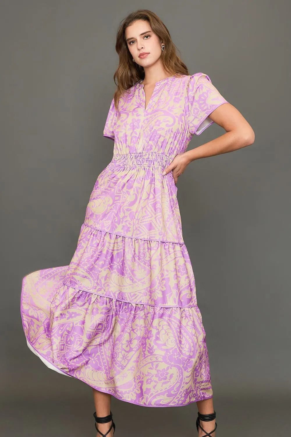 Umgee Full Size Printed Notched Short Sleeve Tiered Dress Plus Size - Premium Dresses from Trendsi - Just $62.99! Shop now at Handbags Specialist Headquarter