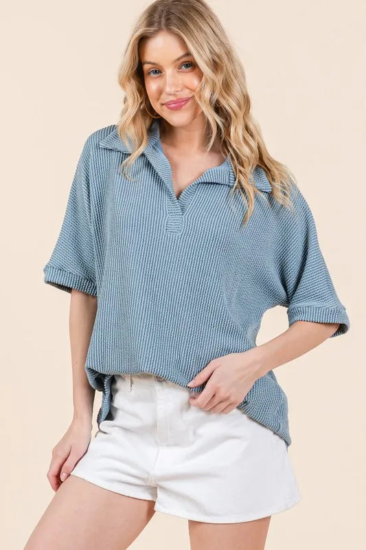 BOMBOM Ribbed Collared Neck Top - Premium Women / Jeans & Denim from Trendsi - Just $34.46! Shop now at Handbags Specialist Headquarter