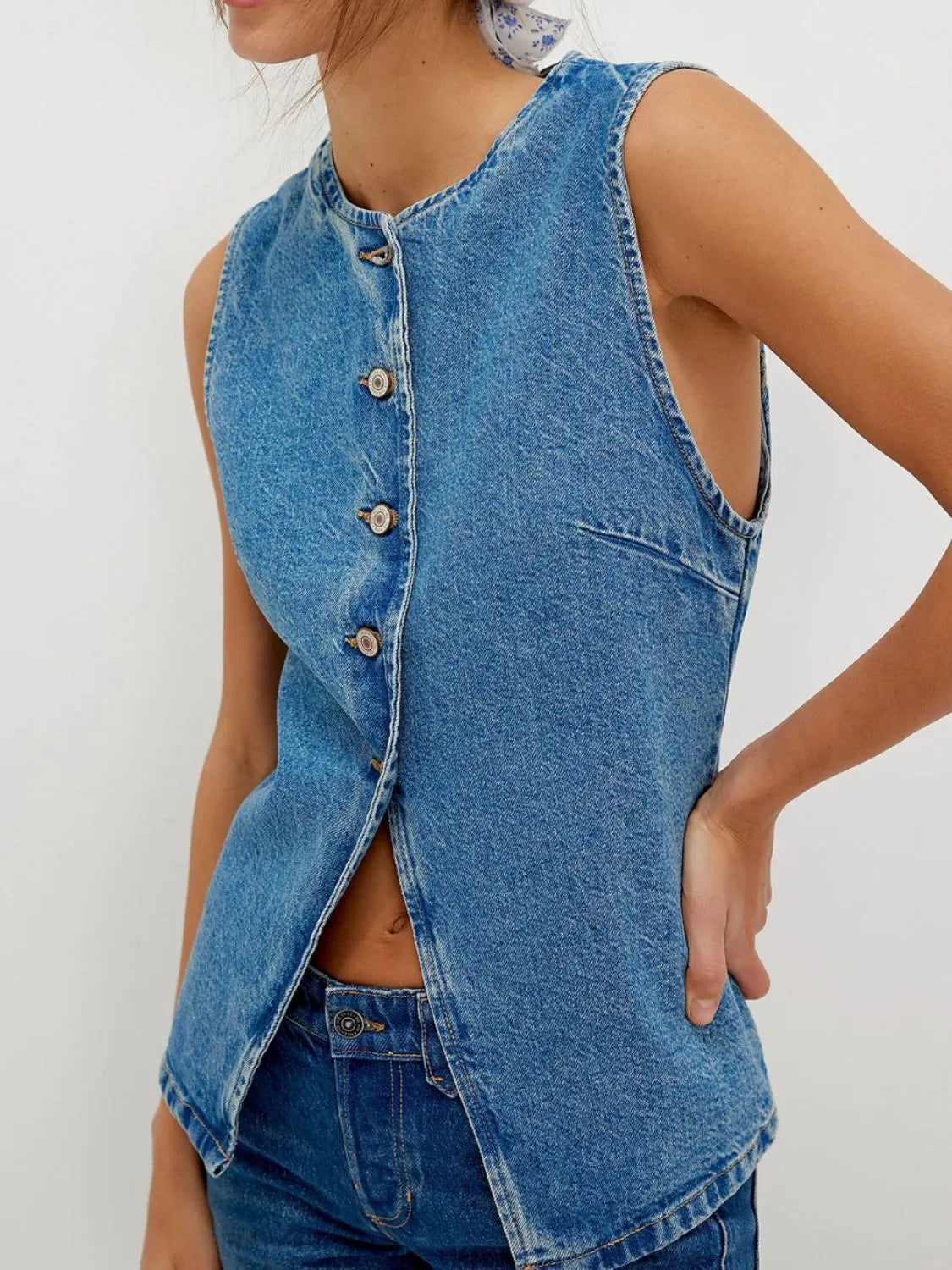 Button Down Round Neck Denim Vest - Premium Women / Jeans & Denim from Trendsi - Just $33.80! Shop now at Handbags Specialist Headquarter