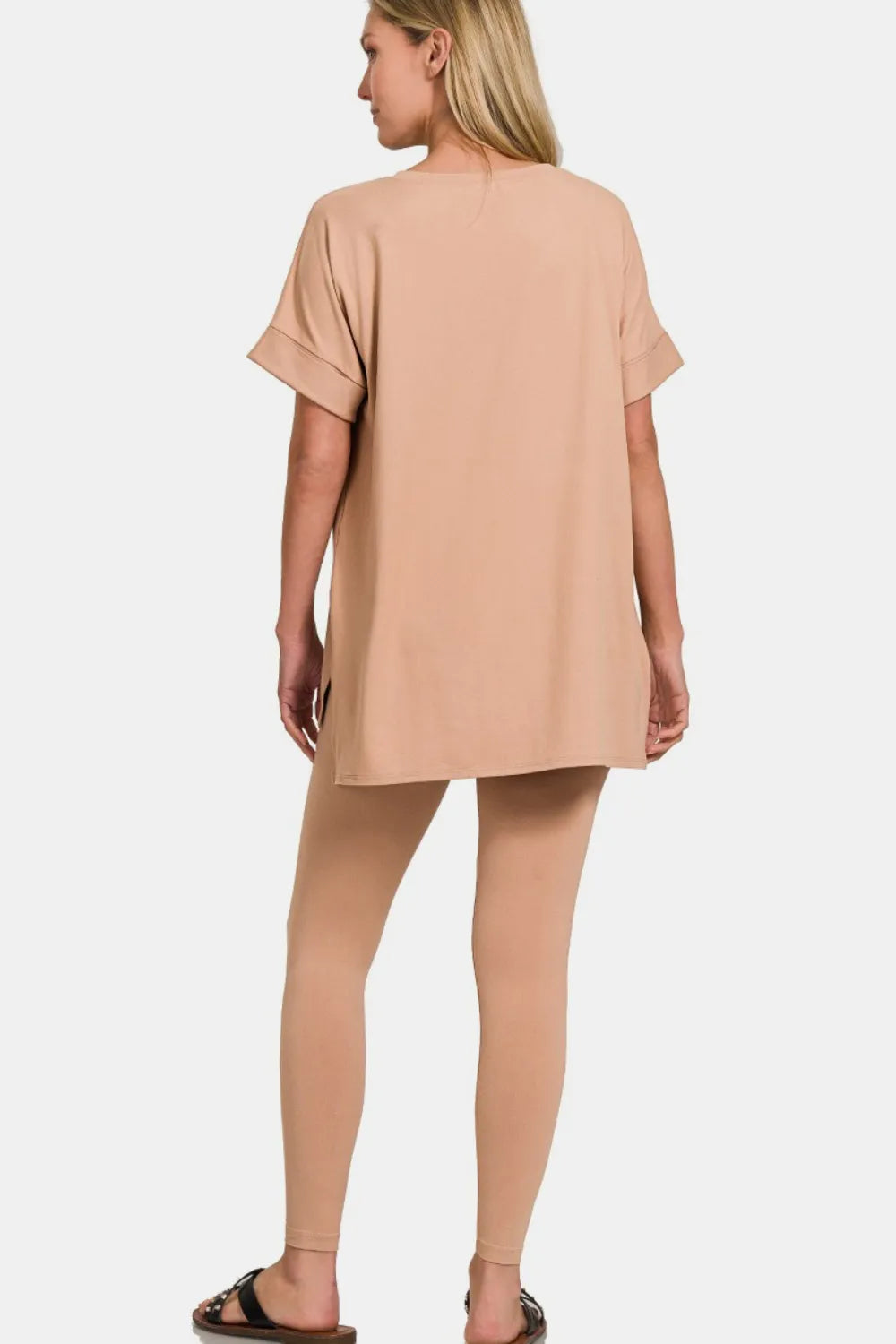 Zenana Full Size V-Neck Rolled Short Sleeve T-Shirt and Leggings Lounge Set - Premium sleepwear from Trendsi - Just $31.99! Shop now at Handbags Specialist Headquarter
