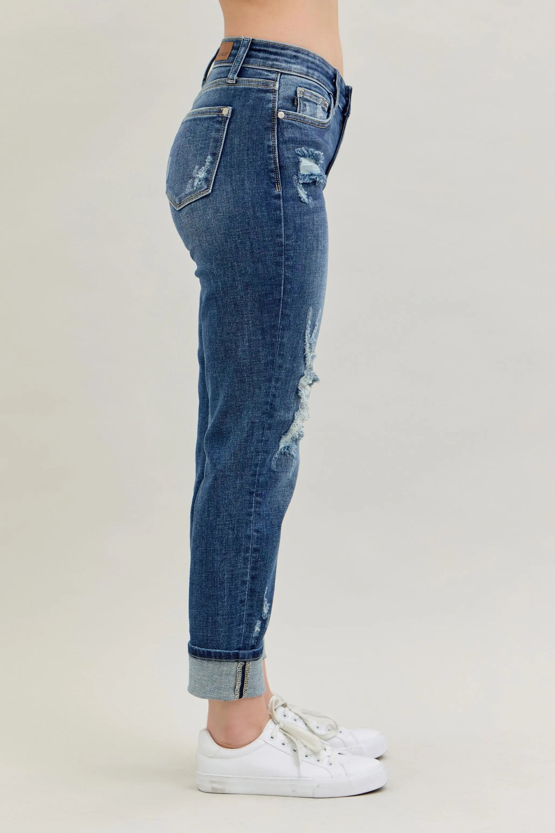 Judy Blue Full Size Mid Rise Cuffed Destroy Bf Jeans Plus Size - Premium Women / Jeans & Denim from Trendsi - Just $62.99! Shop now at Handbags Specialist Headquarter