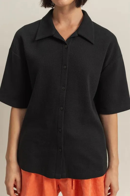 HYFVE Collared Neck Button Down Waffle Shirt - Premium Women's Down Shirt Tops from Trendsi - Just $35.56! Shop now at Handbags Specialist Headquarter