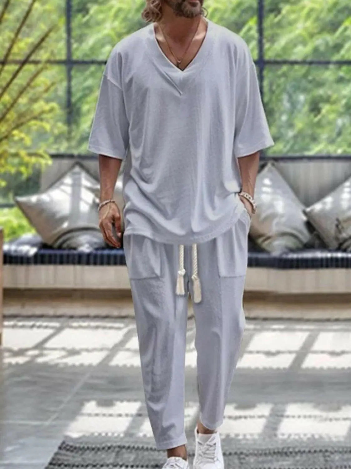 Men's Plus Size V-Neck Half Sleeve Top and Pants Set.