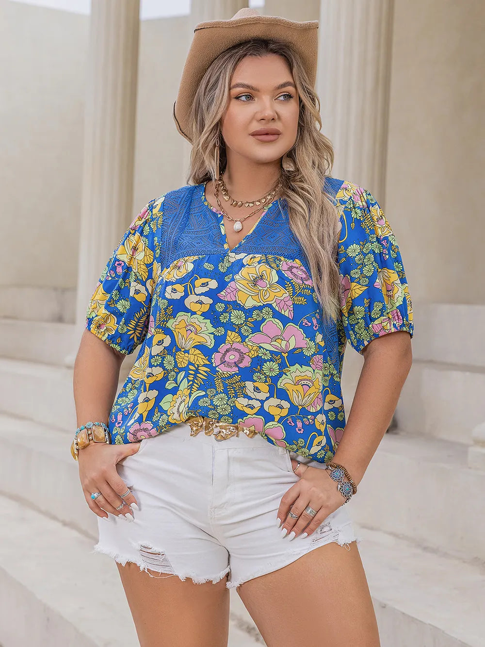 Plus Size Printed Notched Short Sleeve Blouse - Premium Plus Size Shirts from Trendsi - Just $23.26! Shop now at Handbags Specialist Headquarter