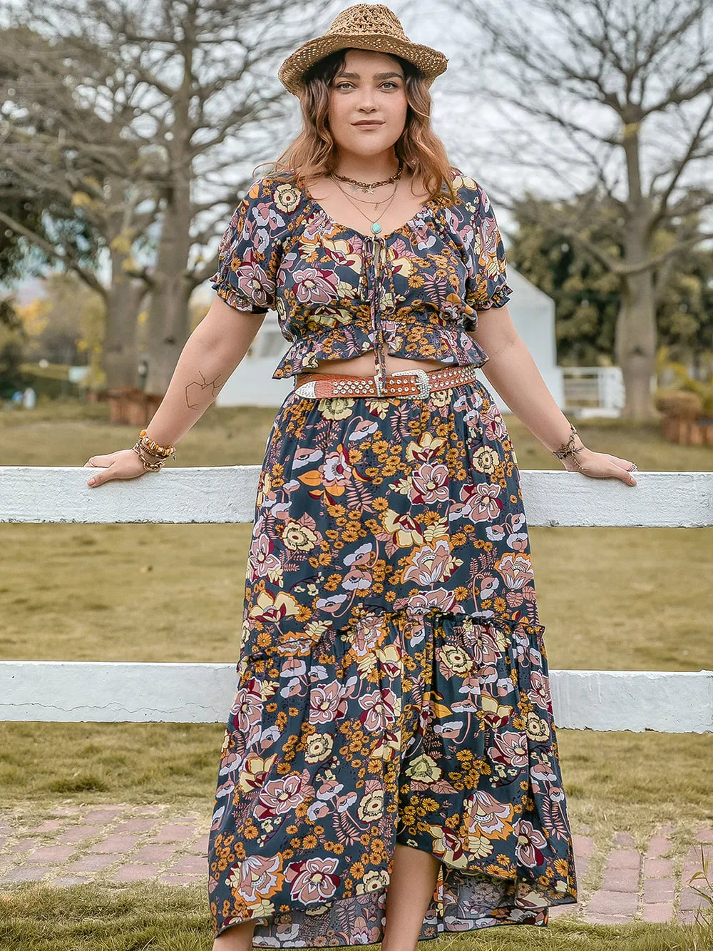 Plus Size Tie Neck Short Sleeve Top and Skirt Set - Premium from Trendsi - Just $50.99! Shop now at Handbags Specialist Headquarter