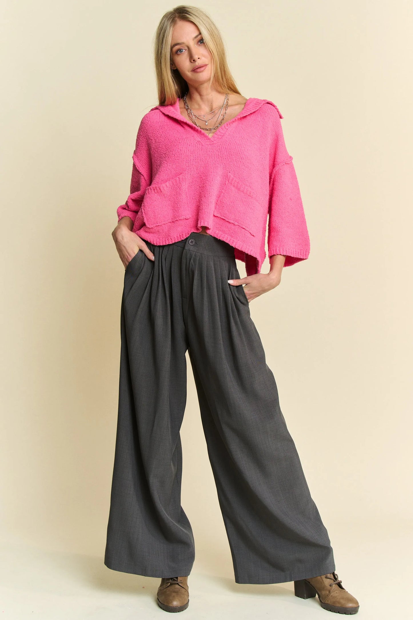 Davi & Dani Solid Back Pocket Shirring Detail Wide Leg Pants - Premium Women Pants from Trendsi - Just $57.99! Shop now at Handbags Specialist Headquarter