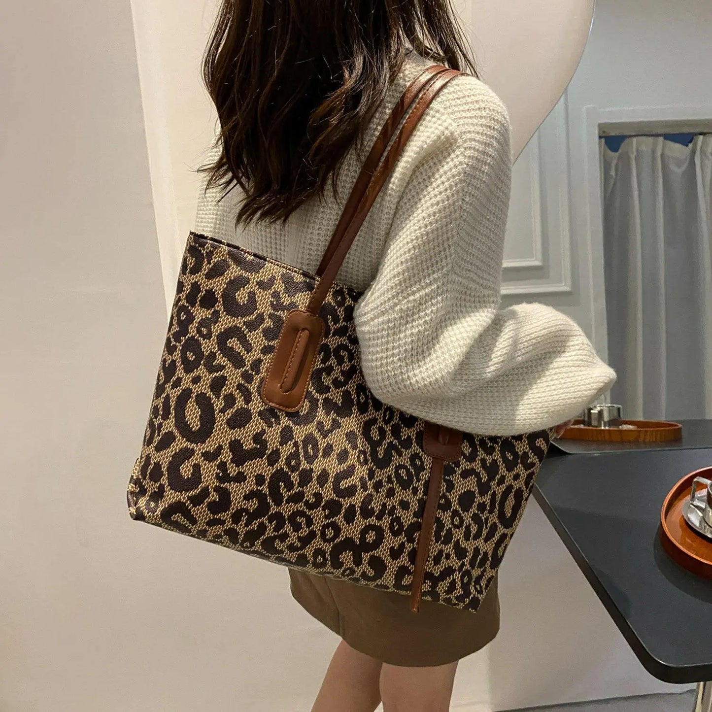 PU Leather Leopard Tote Bag.
