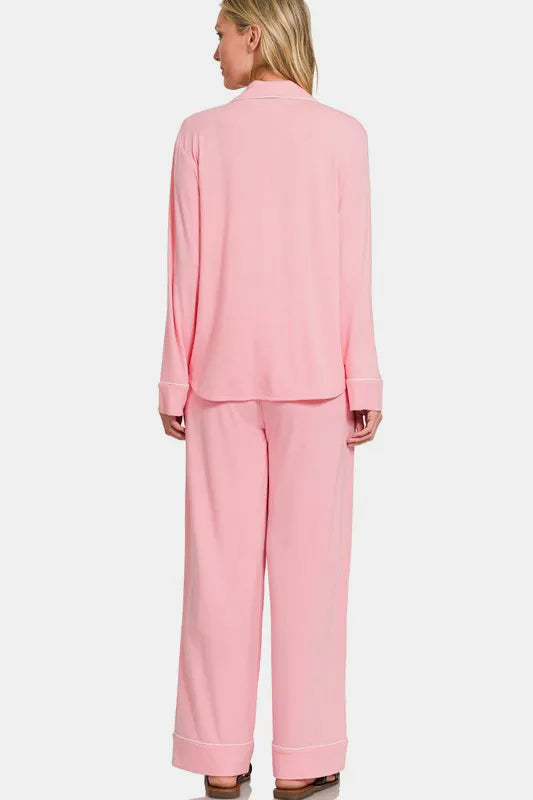 Zenana Button Down Long Sleeve Top and Pants Lounge Set - Premium Sleepwear from Trendsi - Just $46.99! Shop now at Handbags Specialist Headquarter