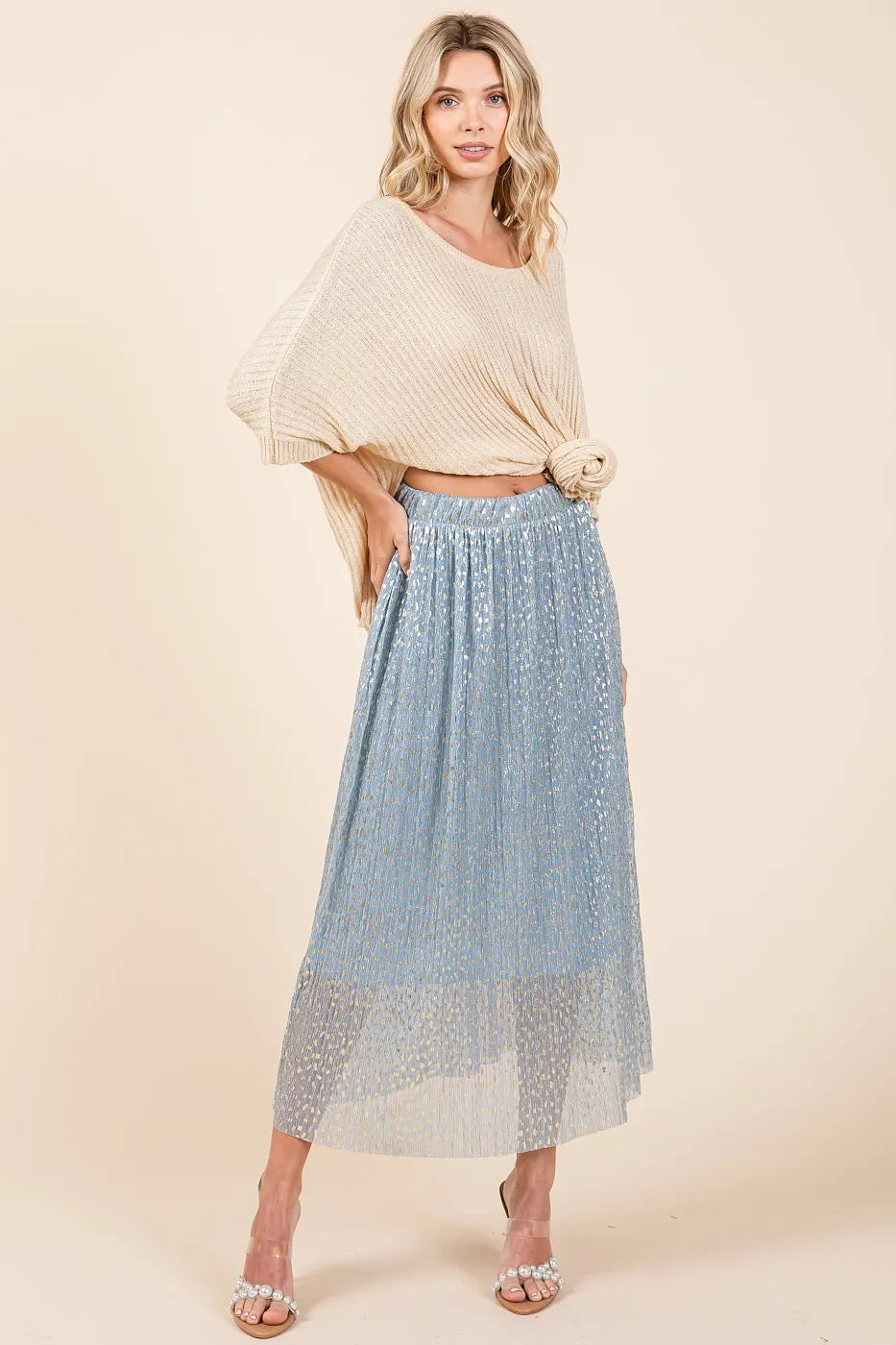 Mittoshop Metallic Glitter Speckle Print Elastic Midi Skirt - Premium Skirts from Trendsi - Just $60.99! Shop now at Handbags Specialist Headquarter
