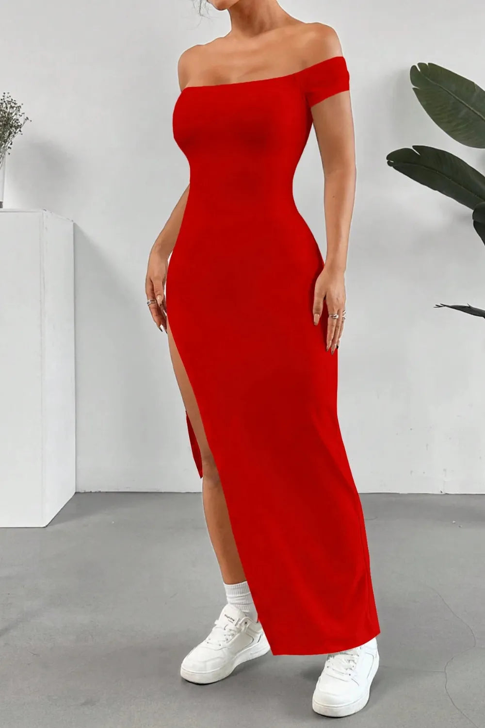 Off Shoulder Slit Maxi Dress - Premium Maxi Dress from Trendsi - Just $27.99! Shop now at Handbags Specialist Headquarter
