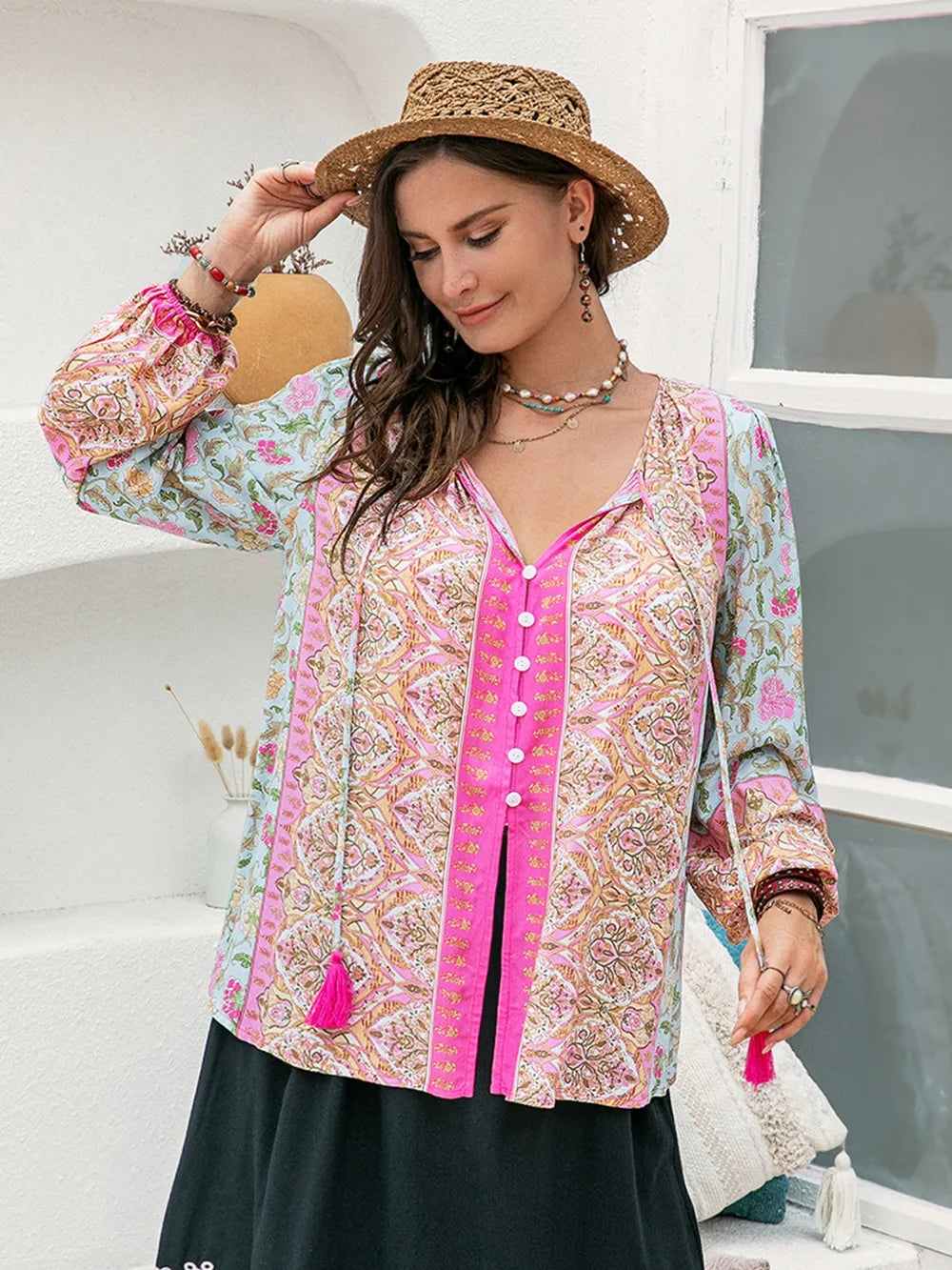 Plus Size Tie Neck Tassel Printed Blouse - Premium Plus Size Shirts from Trendsi - Just $30! Shop now at Handbags Specialist Headquarter