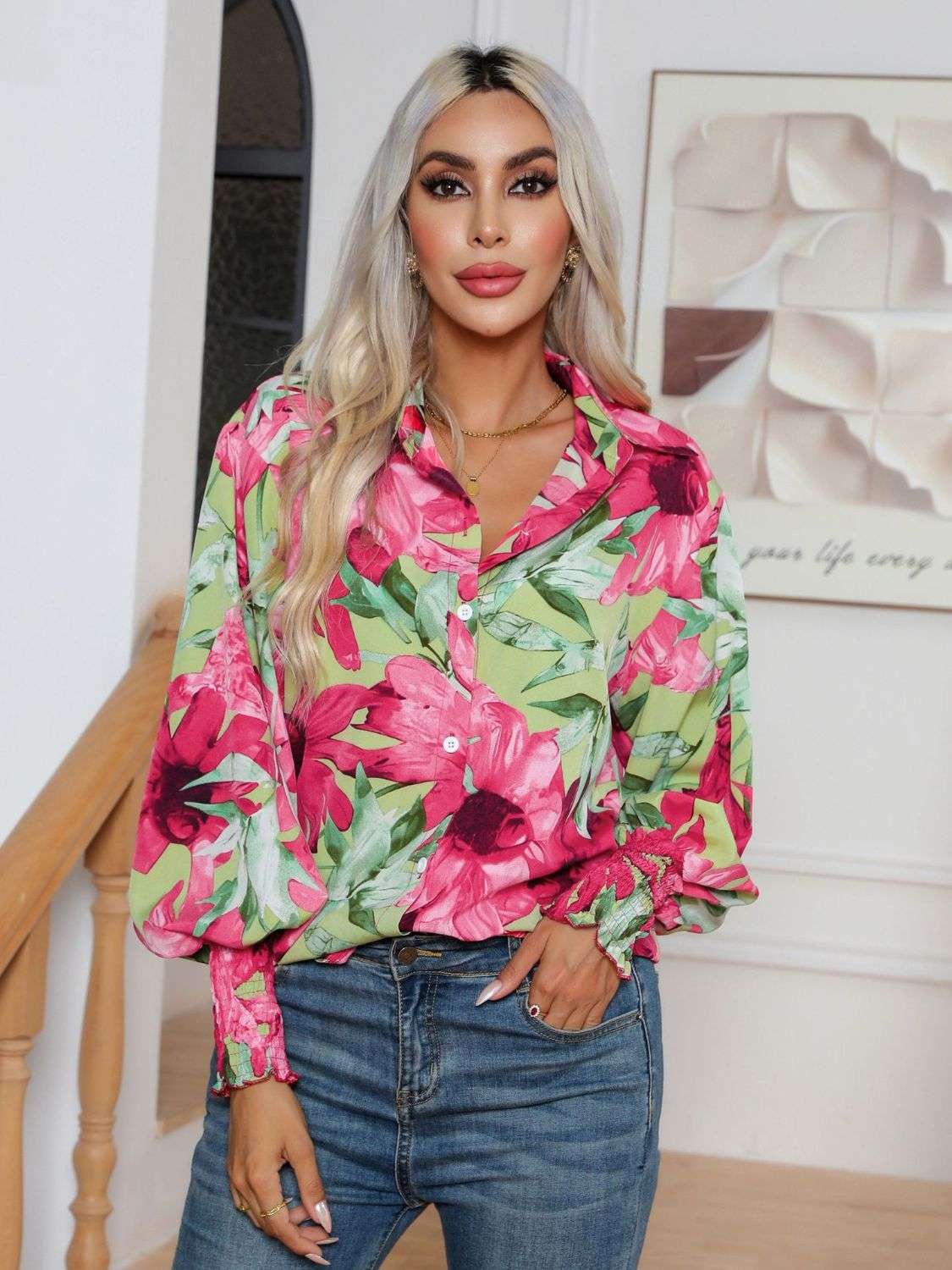 Button Down Printed Long Sleeve Shirt - Premium Women / Tops from Trendsi - Just $21.02! Shop now at Handbags Specialist Headquarter