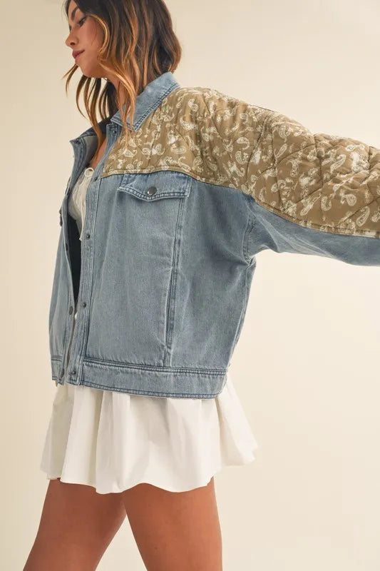 MABLE Quilted Paisley Print Contrast Denim Jacket - Premium Women / Jeans & Denim from Trendsi - Just $71.56! Shop now at Handbags Specialist Headquarter