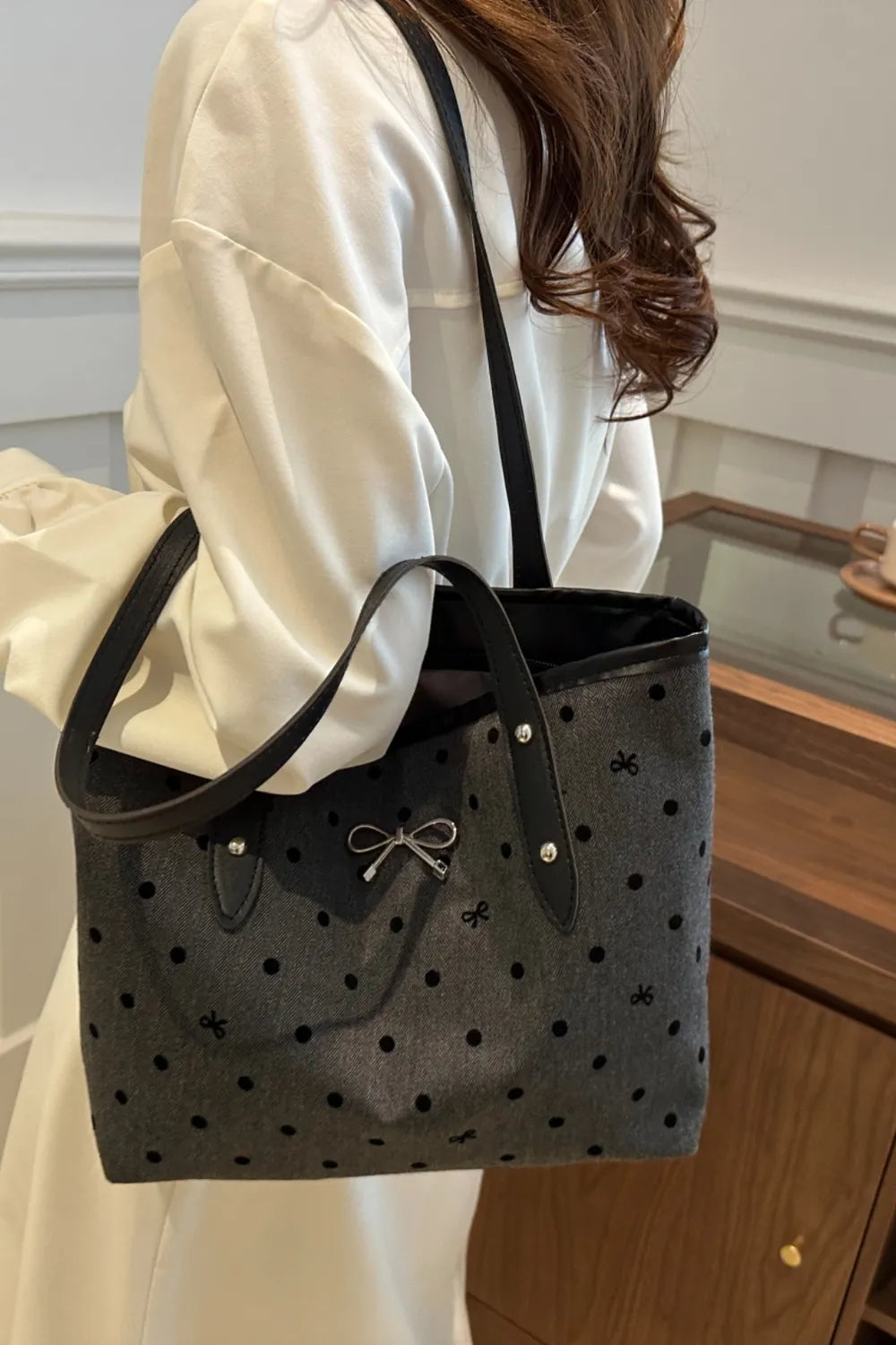 Bow Trim Polyester Tote Bag - Premium Tote Bag from Trendsi - Just $39.99! Shop now at Handbags Specialist Headquarter