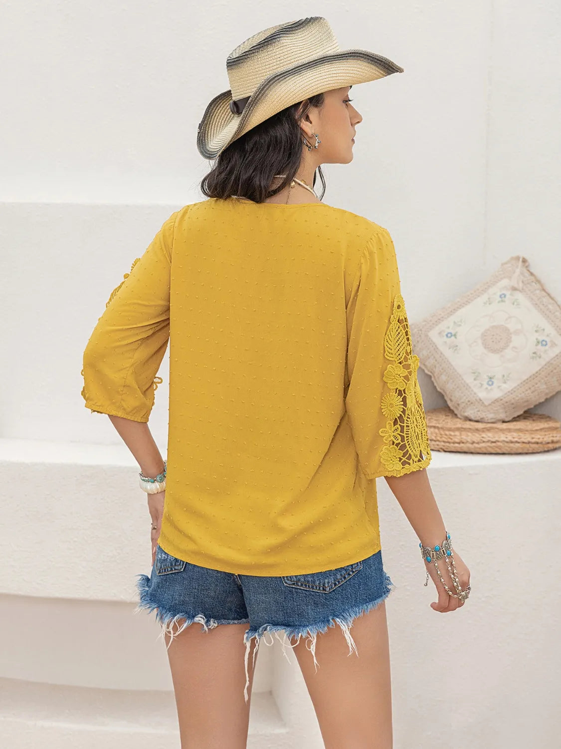 V-Neck Lace Three-Quarter Sleeve Top - Premium Tops from Trendsi - Just $26.28! Shop now at Handbags Specialist Headquarter