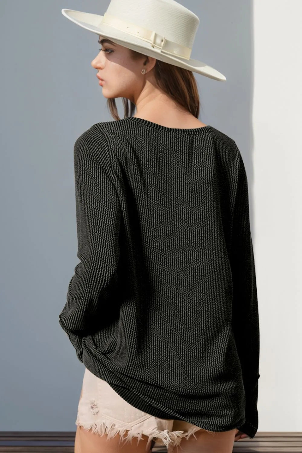 Double Take Full Size Notched Thumbhole Long Sleeve T-Shirt - Premium Tops from Trendsi - Just $25.88! Shop now at Handbags Specialist Headquarter