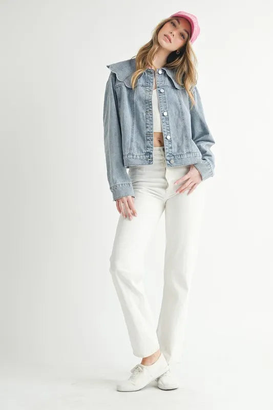 MABLE Scallop Peter Pan Collar Denim Jacket - Premium Women / Jeans & Denim from Trendsi - Just $64.90! Shop now at Handbags Specialist Headquarter
